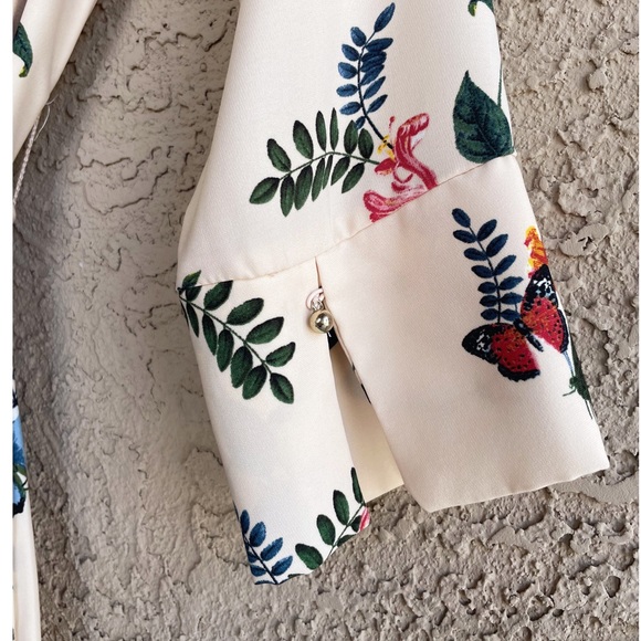 H&M Cream Blue & Pink Butterfly Floral Printed 3/4 Sleeve Belted Boatneck Dress - Picture 15 of 17